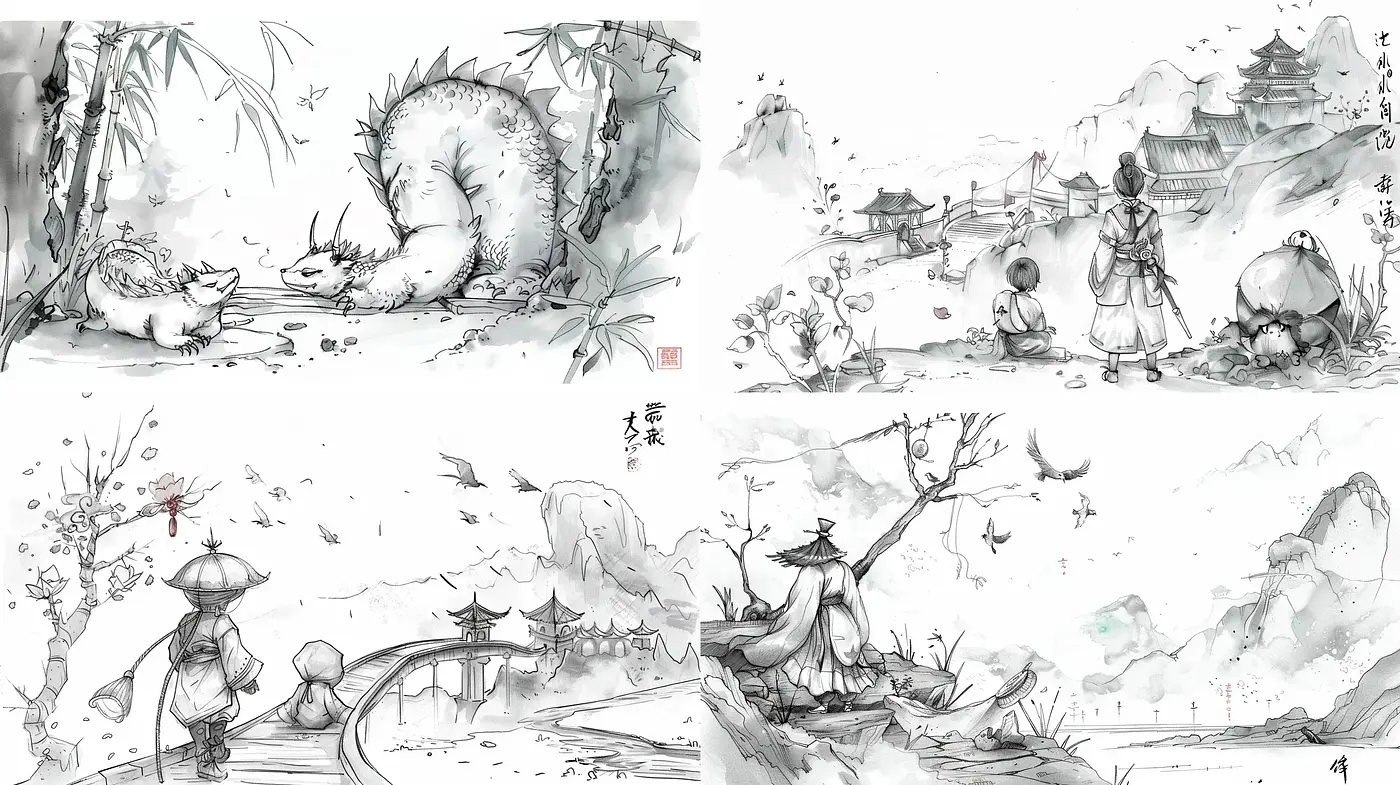 Monochromatic Ink-Washed Dreamscape - Midjourney sref style