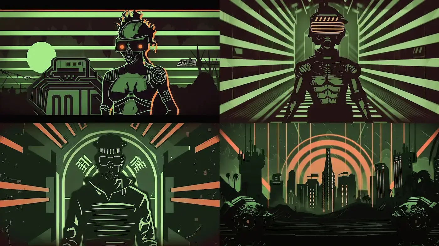 Futuristic Retro-Vintage Cyberpunk Art with Geometric Elements - Midjourney sref style