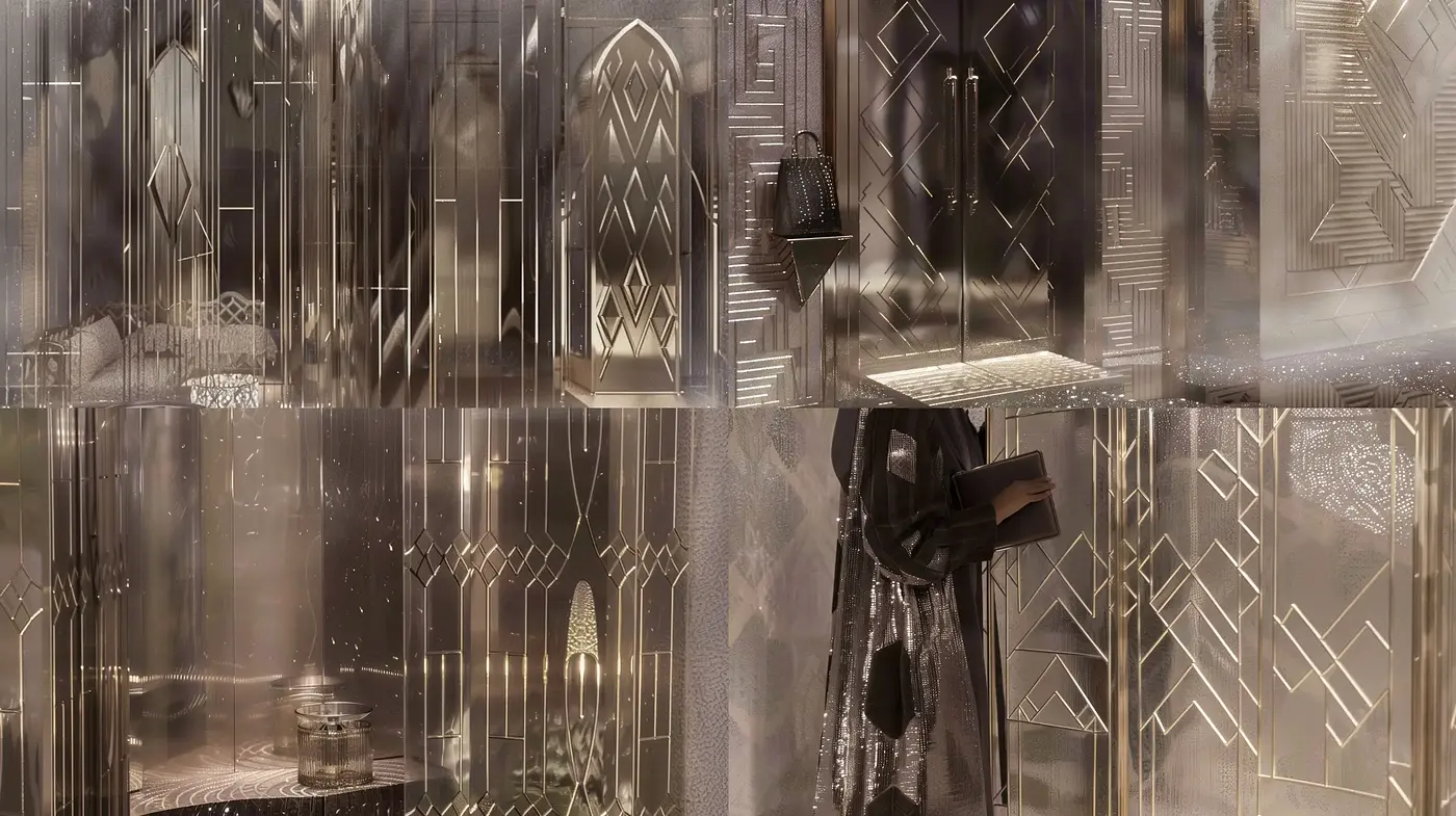 Ethereal Art Deco Reverie: A Fusion of Metallic Sheen and Geometric Elegance - Midjourney sref style