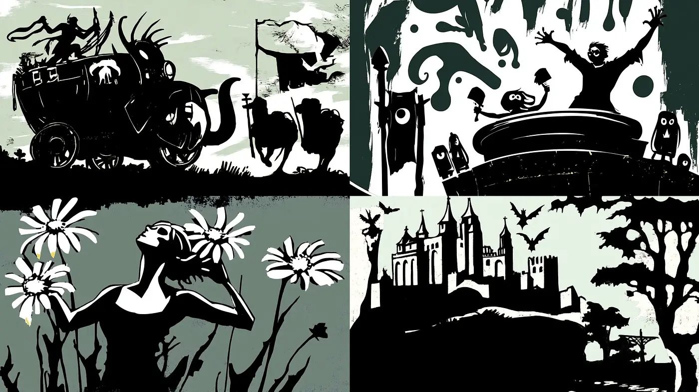 Silhouetted Dreamscape in Monochromatic Whimsy - Midjourney sref style