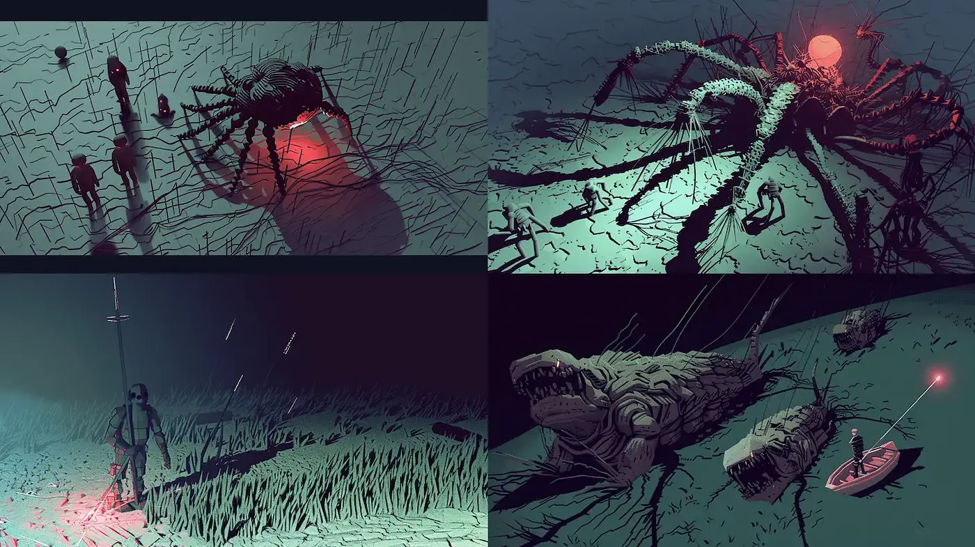 Surreal nightmarish landscapes featuring colossal sea creatures and shadowy figures - Midjourney sref style