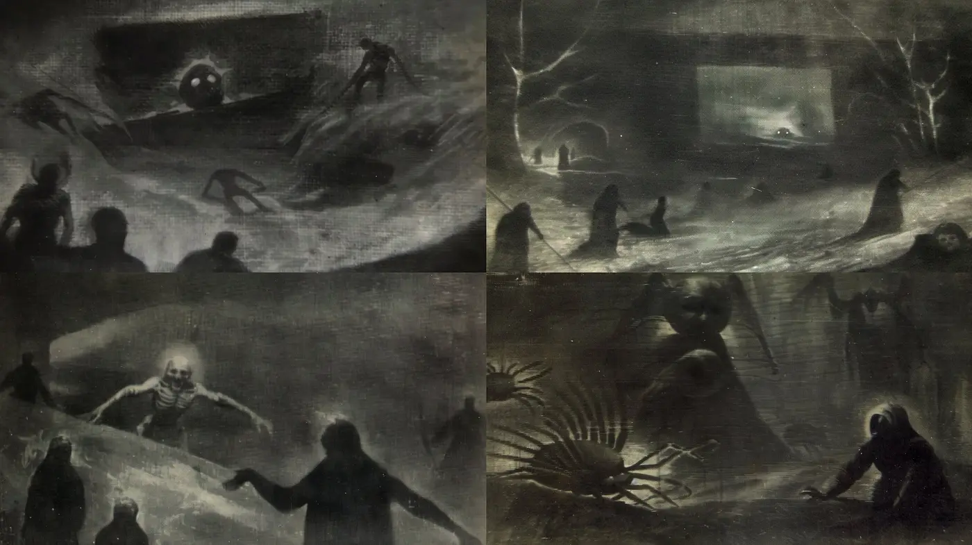 Eerie Monochrome Dreamscape: A Consistent Study in Grayscale Textures - Midjourney sref style