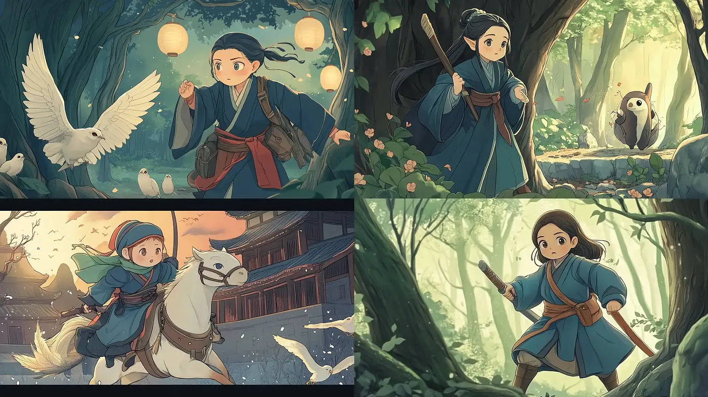 Enchanted Forest Adventure: A Painterly Anime Fusion - Midjourney sref style