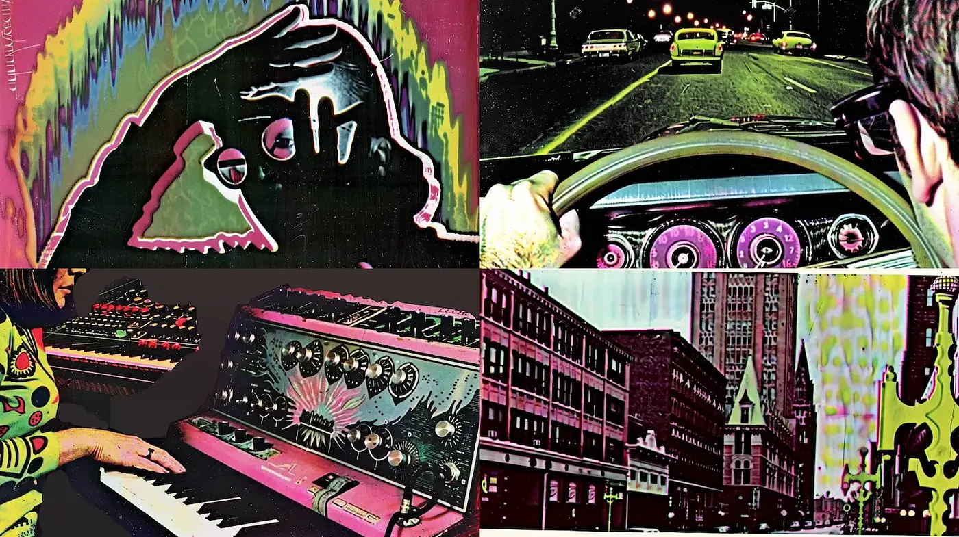 Psychedelic Pop Art with Retro Vibes in Varied Settings - Midjourney sref style
