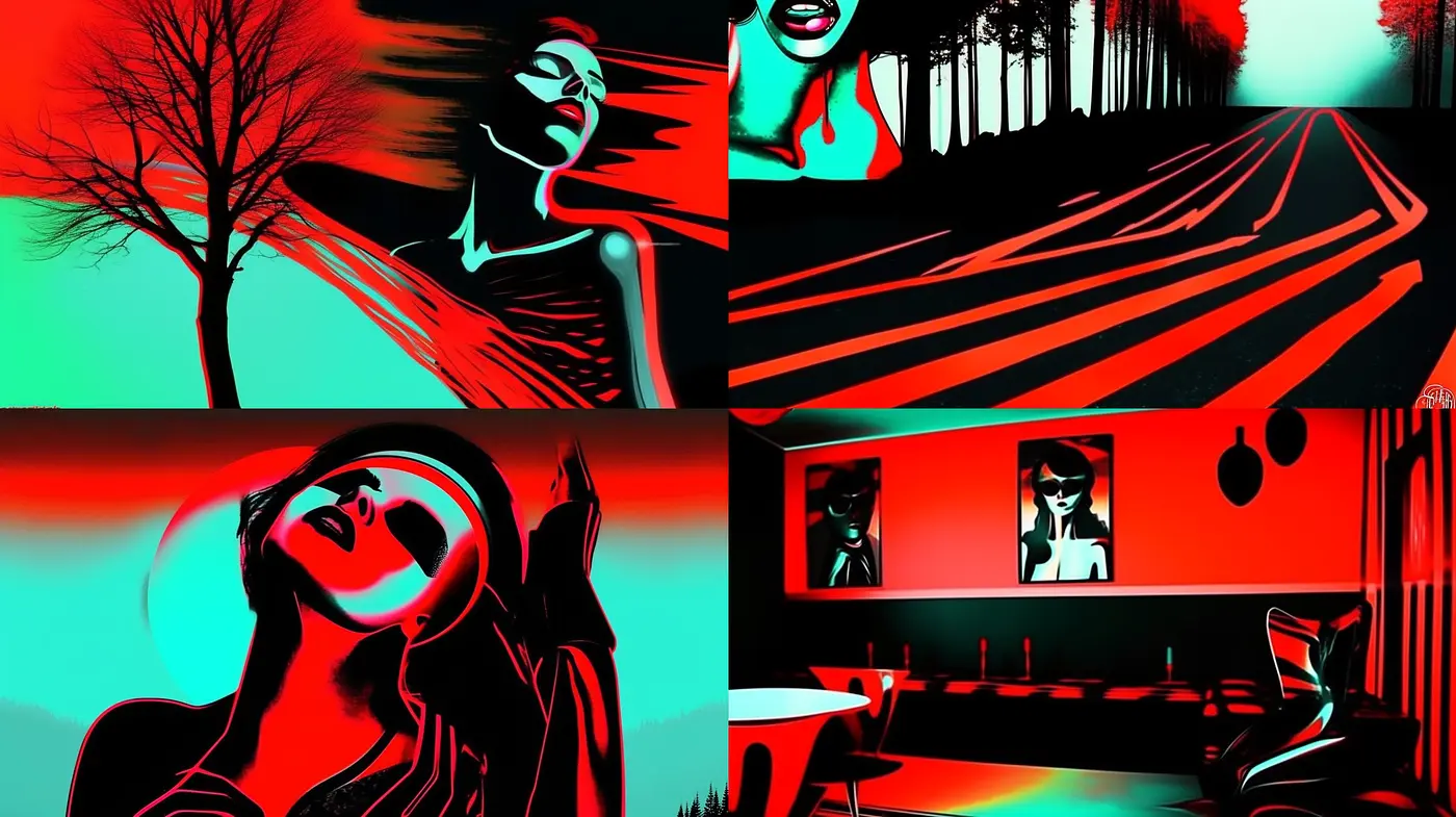 Noir Silhouette Contrast in Bold Red and Black - Midjourney sref style