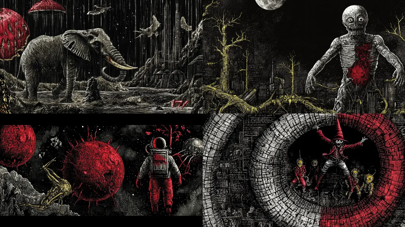 Ethereal Nocturne: A Dark Fantasy Exploration in Monochrome with Crimson Highlights - Midjourney sref style