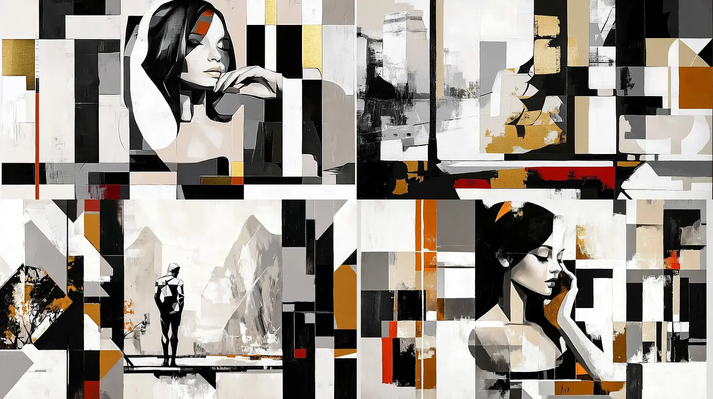 Monochromatic Mosaic: A Contemporary Fusion of Geometric and Figurative Art - Midjourney sref style