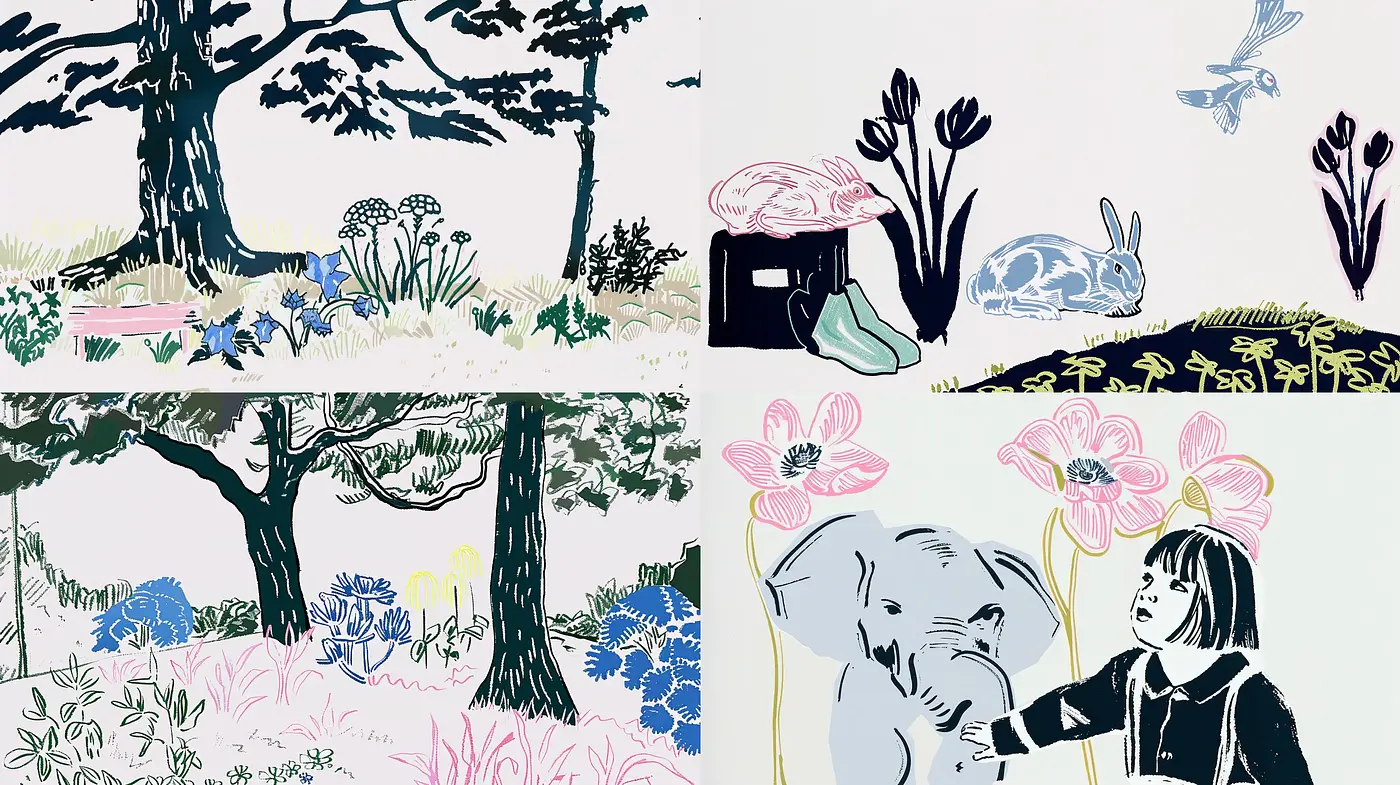 Whimsical Nature Fantasia: A Stylized Harmony of Fauna and Flora - Midjourney sref style