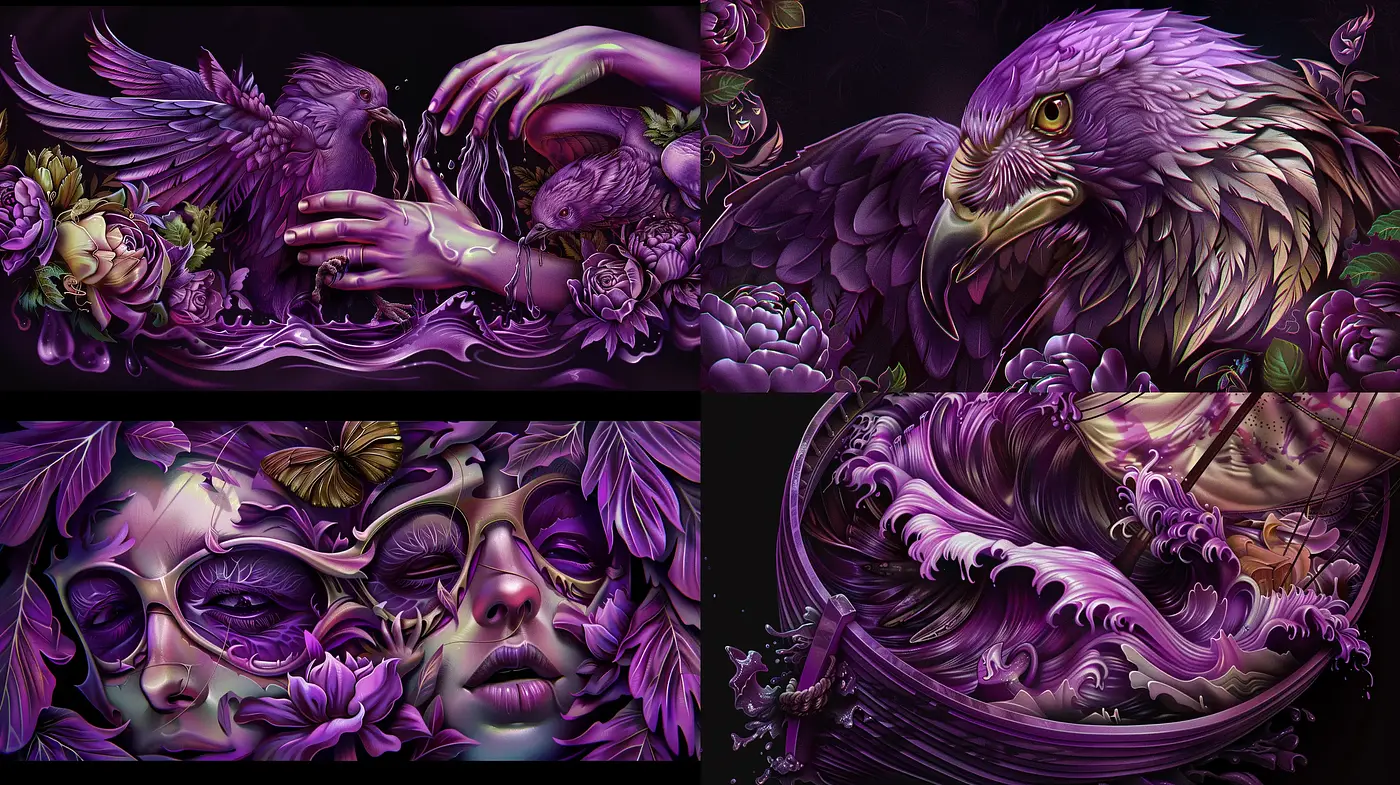 Ethereal Dreamscape in Vivid Purples: A Digital Fusion of Surrealism and Fantasy Art - Midjourney sref style