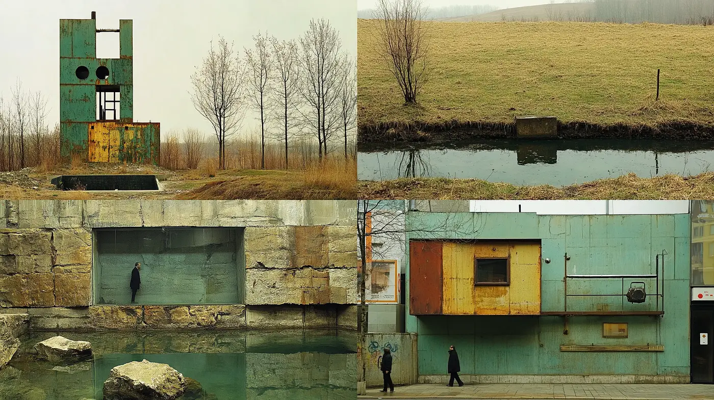 Melancholic Serenity in Desaturated Industrial Relics - Midjourney sref style