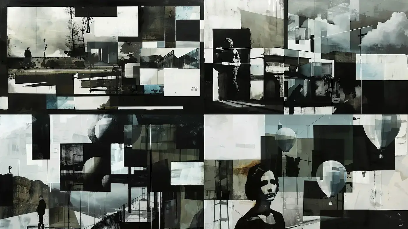 Monochromatic Collage with Surrealistic Elements and Nostalgic Undertones - Midjourney sref style