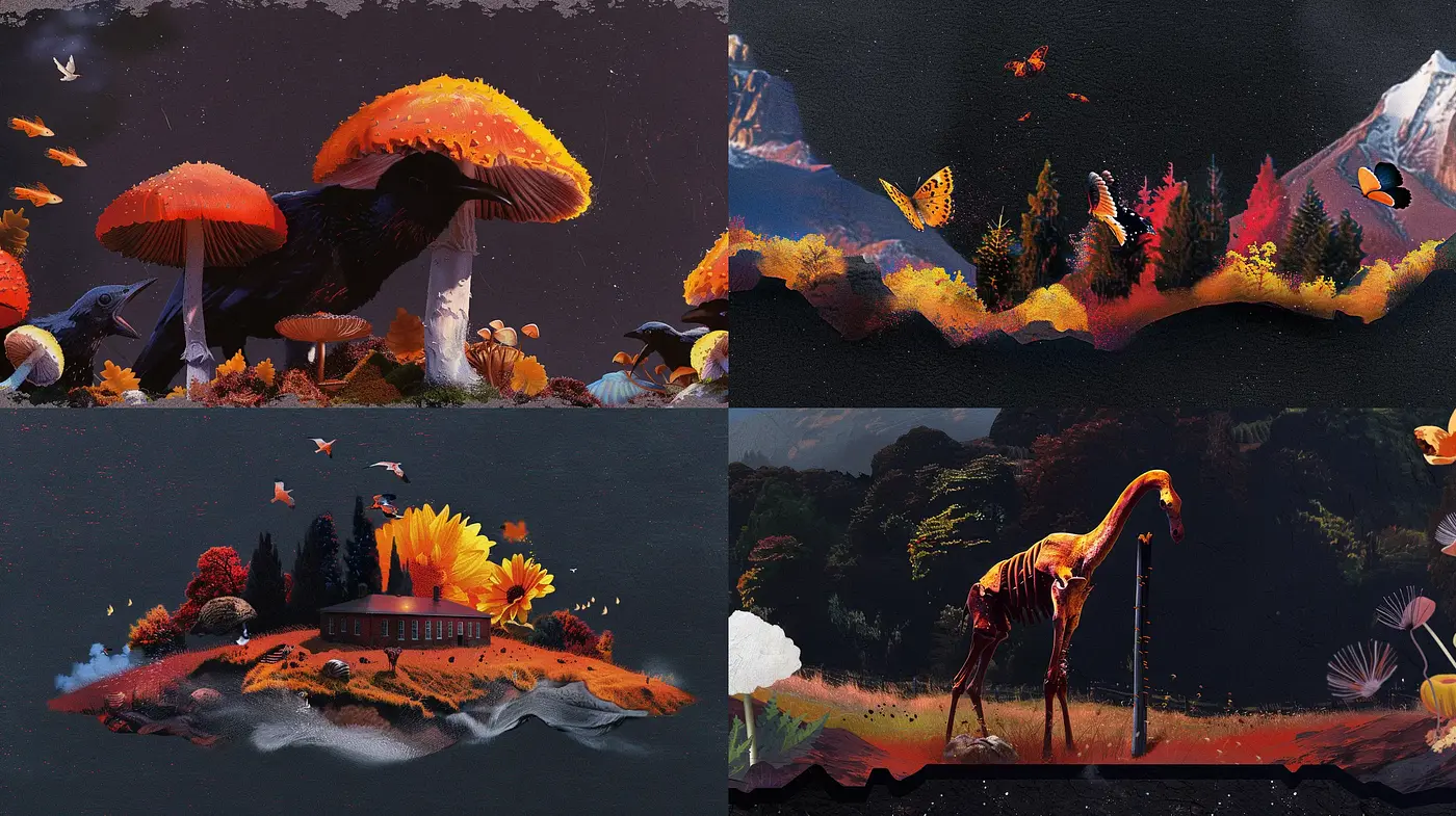 Autumn's Enigmatic Canvas: A Medley of Twilight Hues and Surreal Nature - Midjourney sref style