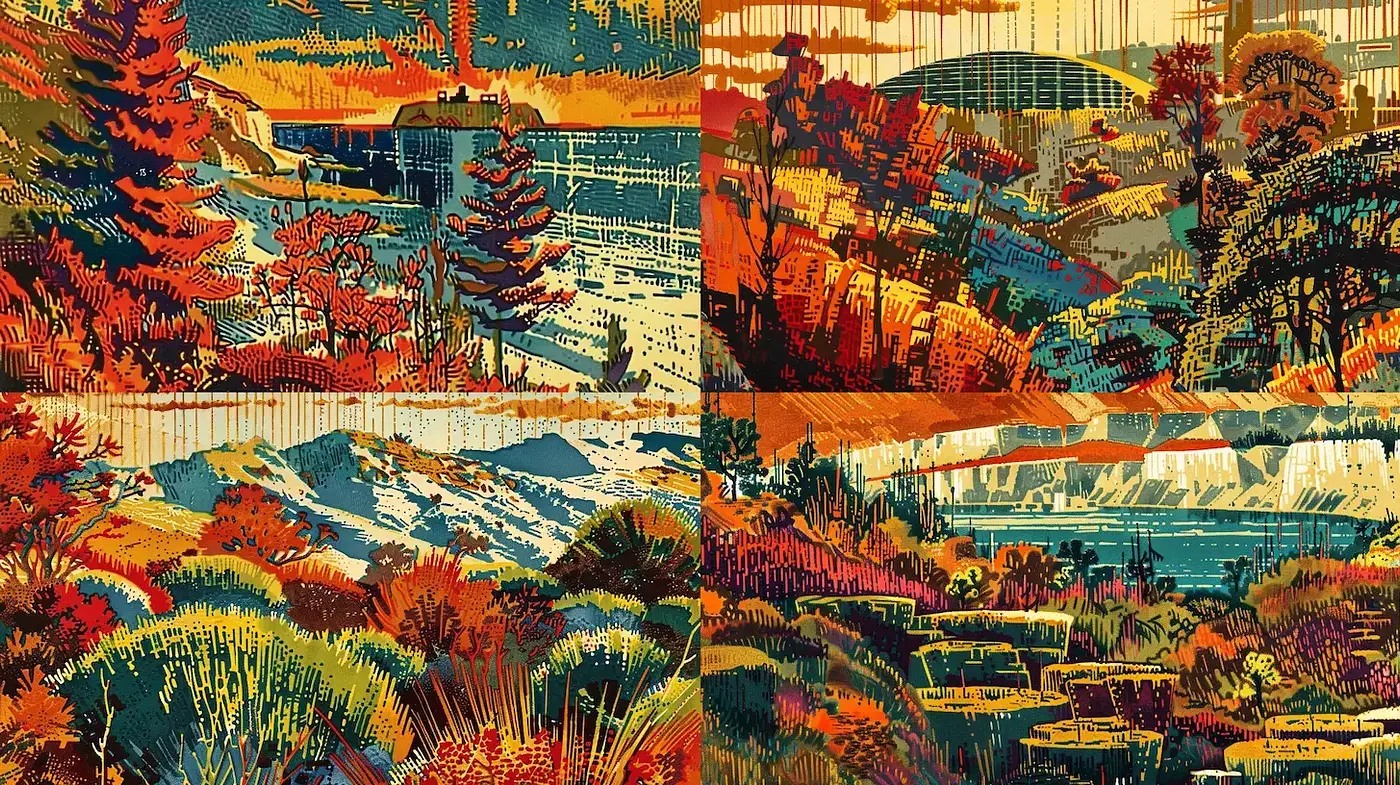 Vibrant Graphic Landscape Art with Textured Patterns - Midjourney sref style