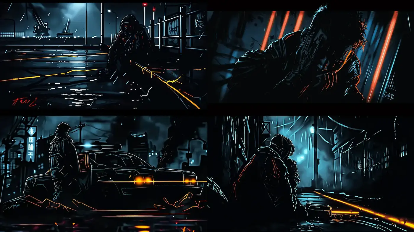 Dark Cyberpunk Noir with Neon Accents and Gritty Textures - Midjourney sref style