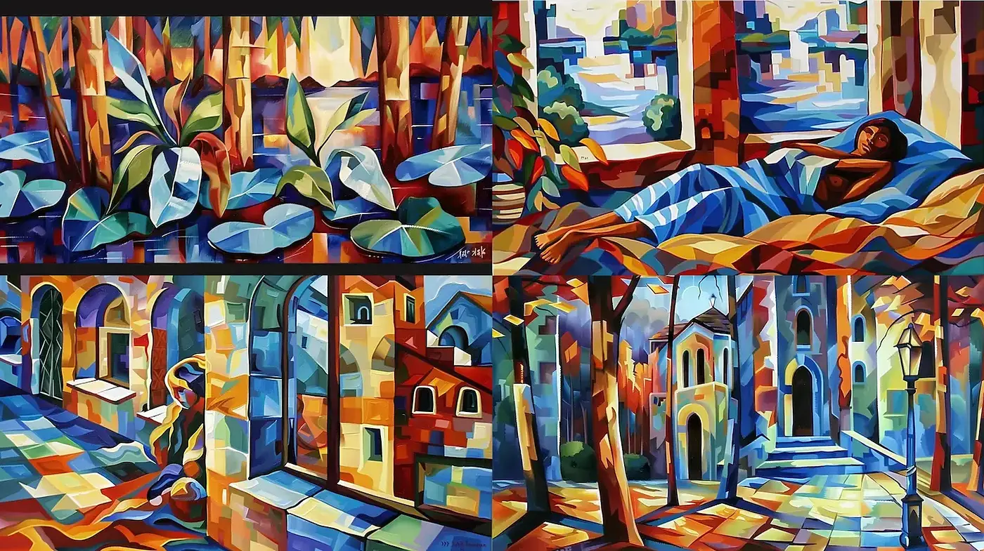 Vivid Geometric Expressionism with a Dreamlike Quality in a Tropical Setting - Midjourney sref style