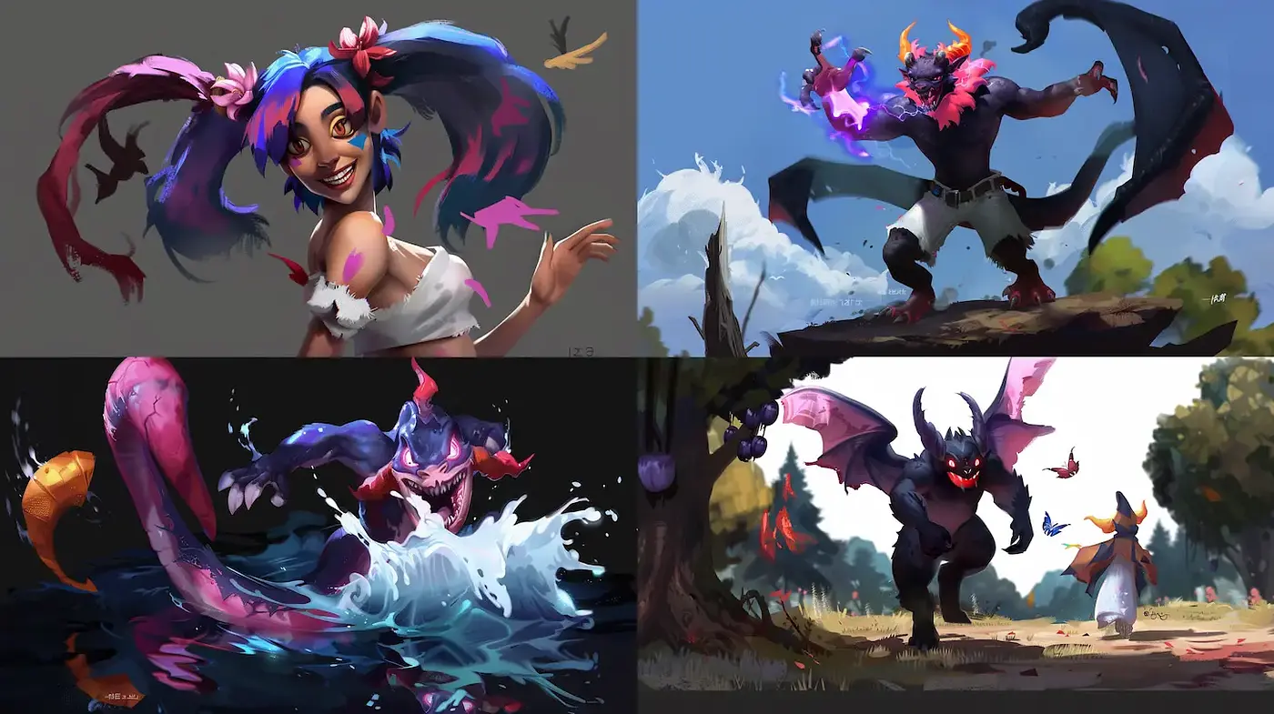 Vibrant and dynamic fantasy art with playful characters and dramatic contrasts - Midjourney sref style