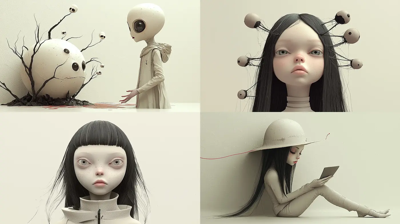 Surreal Serenity in Monochrome: A Homage to Cinematic Minimalism and Tim Burton's Aesthetic - Midjourney sref style