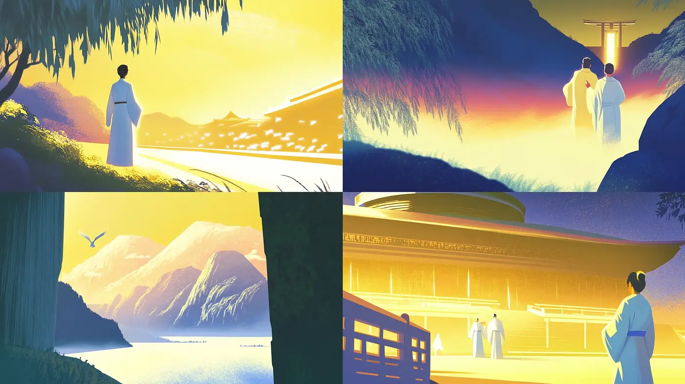 Tranquil Dawn: A Homage to Serene Eastern Landscapes - Midjourney sref style