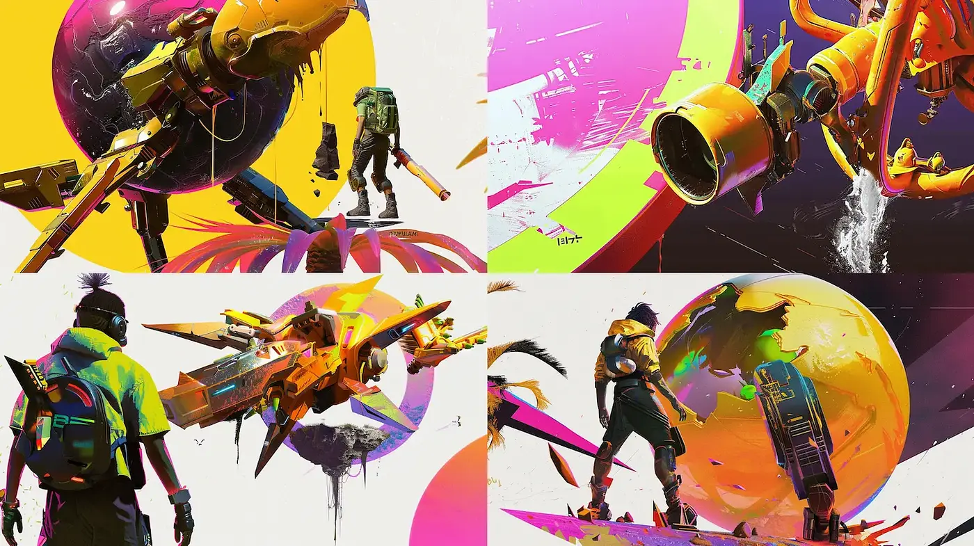 Dynamic and Colorful Futuristic Illustrations with a Retro Sci-Fi Vibe - Midjourney sref style
