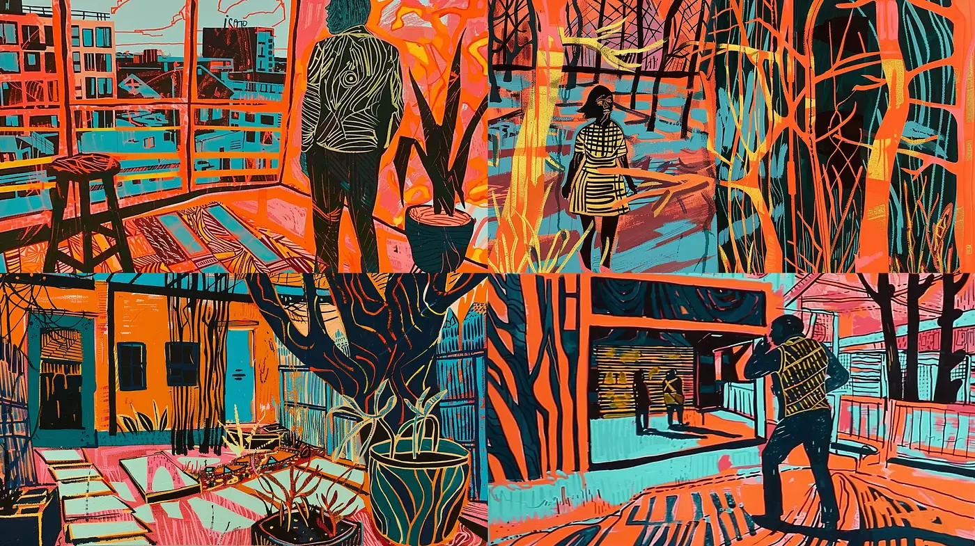 Urban Tapestry: An Amalgamation of Bold Lines and Vivid Contrasts - Midjourney sref style