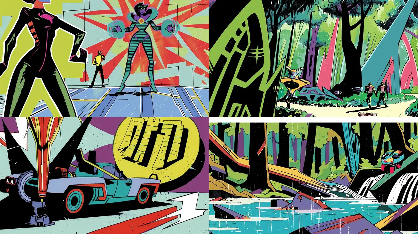 Futuristic Retro Comic Book Illustration Style with Bold Contrasts - Midjourney sref style