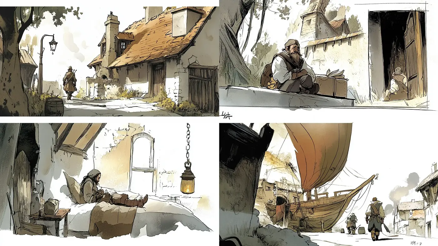 Warm Sepia-Toned Storybook Illustrations - Midjourney sref style