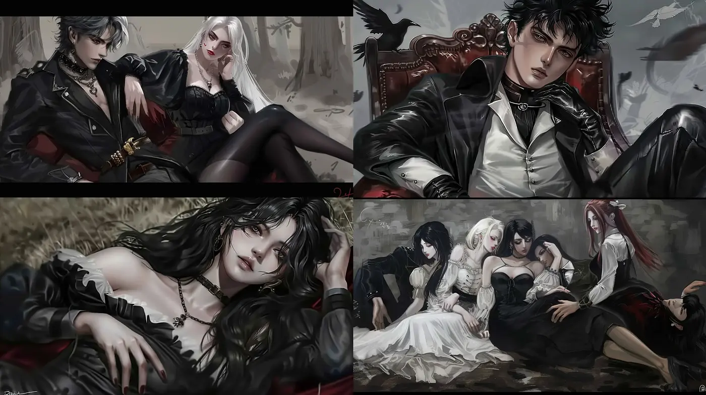 Gothic Elegance in a Palette of Monochrome and Crimson - Midjourney sref style