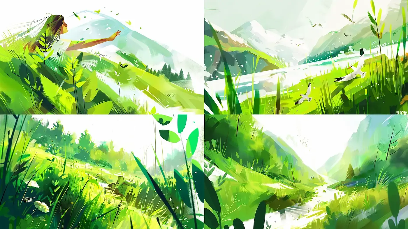 Lush and Vibrant Natural Landscapes with Dynamic Elements - Midjourney sref style