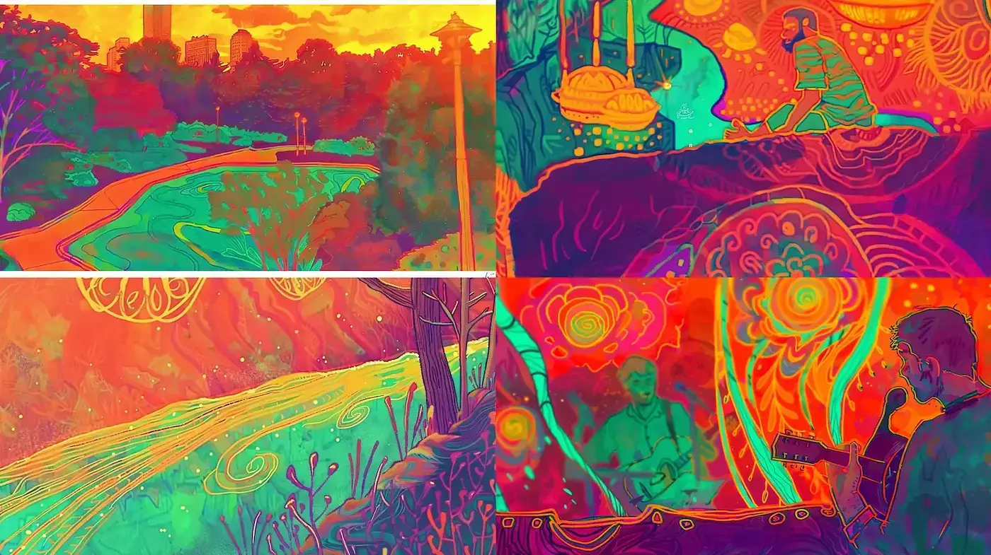 Vibrant, psychedelic landscapes infused with whimsical elements - Midjourney sref style