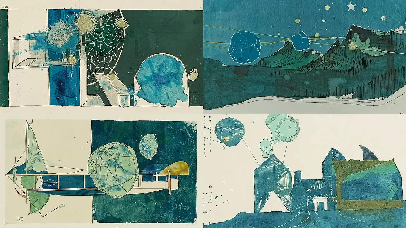 A Cohesive Fusion of Aquatic-Inspired Abstract Art with Geometric Elements - Midjourney sref style