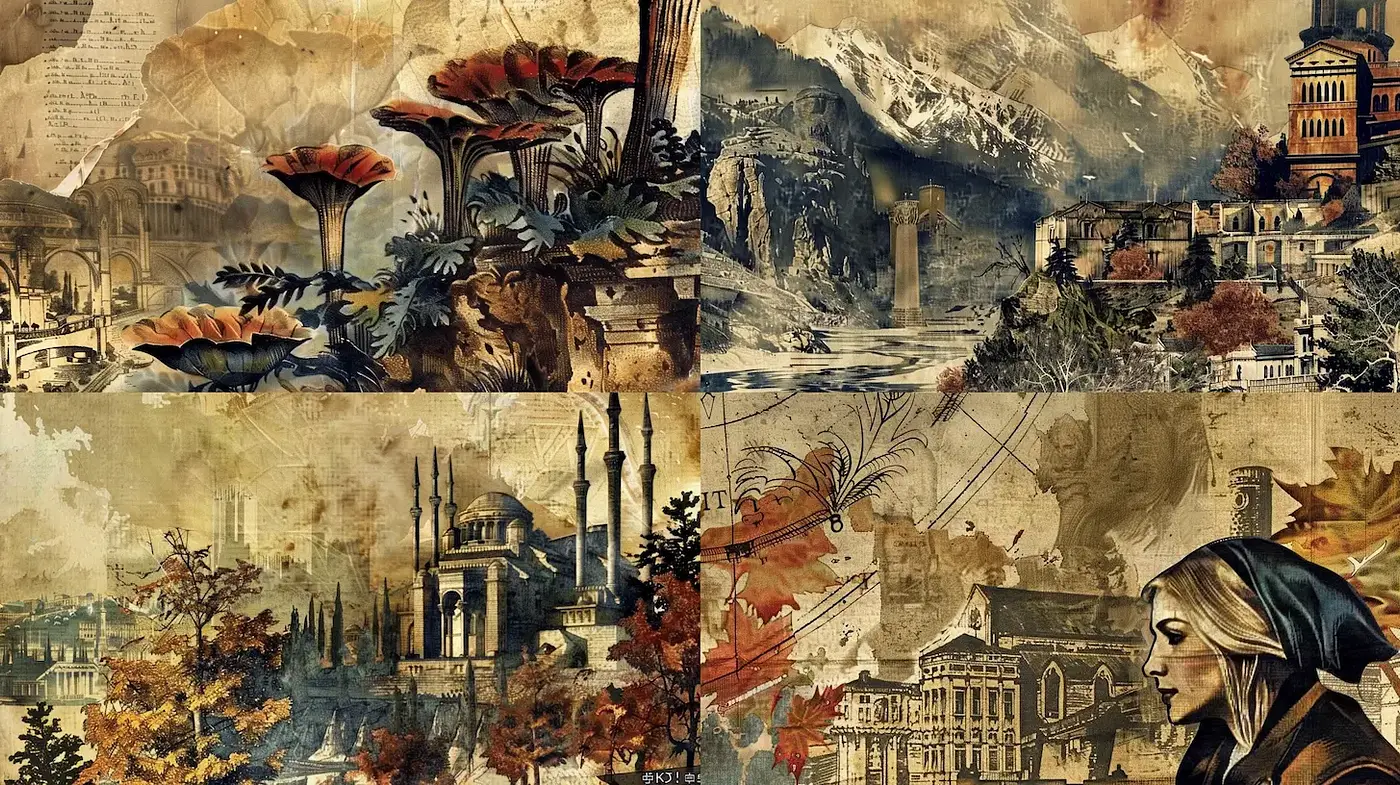A Harmonious Blend of Nature and Architecture in Nostalgic Tones - Midjourney sref style