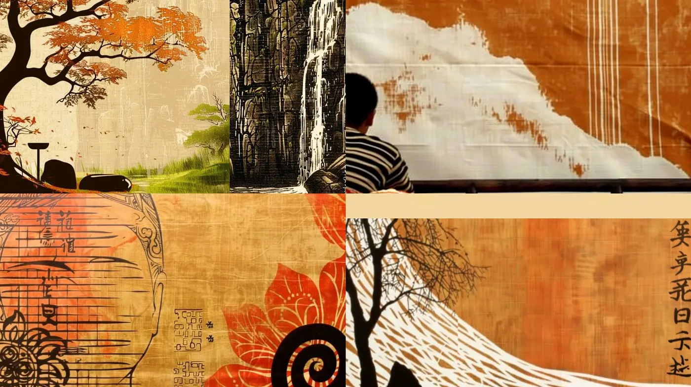 Harmonious Fusion of Traditional Asian Essence with Modern Experimental Textures - Midjourney sref style