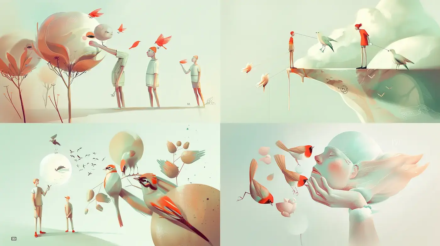 Whimsical and Softly Surreal Illustrations with a Gentle Color Palette - Midjourney sref style