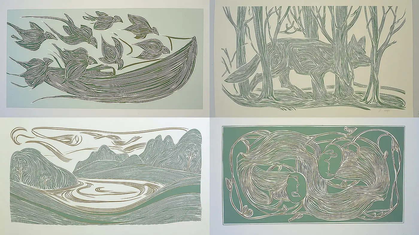 Cohesive and Ethereal Organic Line Art with Natural Themes - Midjourney sref style