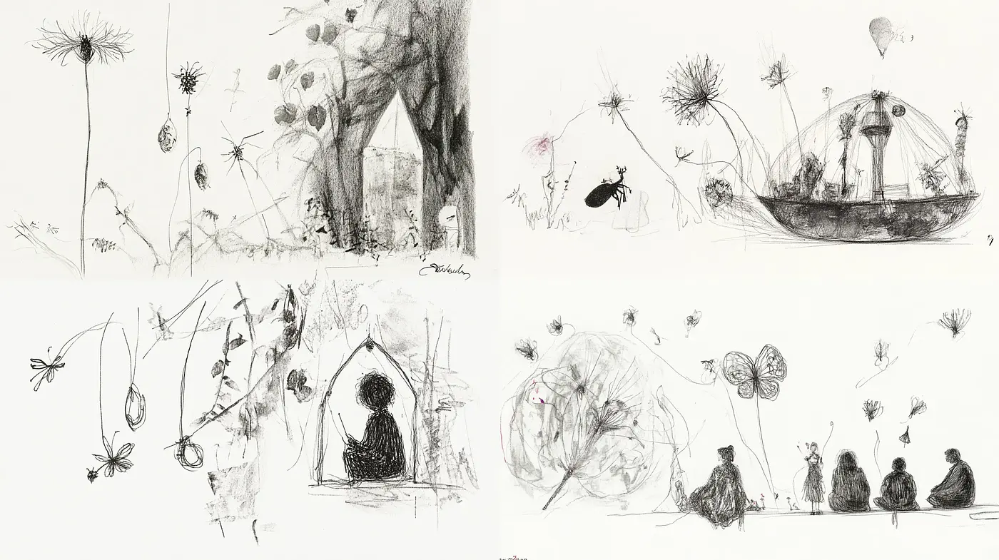 Whimsical Monochrome Sketchbook Expressions - Midjourney sref style