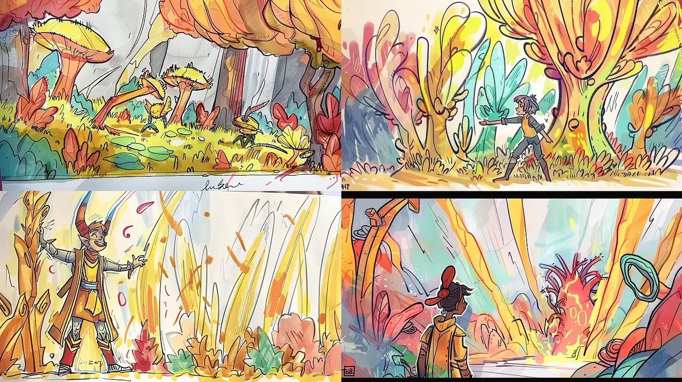 Vibrant and whimsical exploration of a fantastical landscape - Midjourney sref style