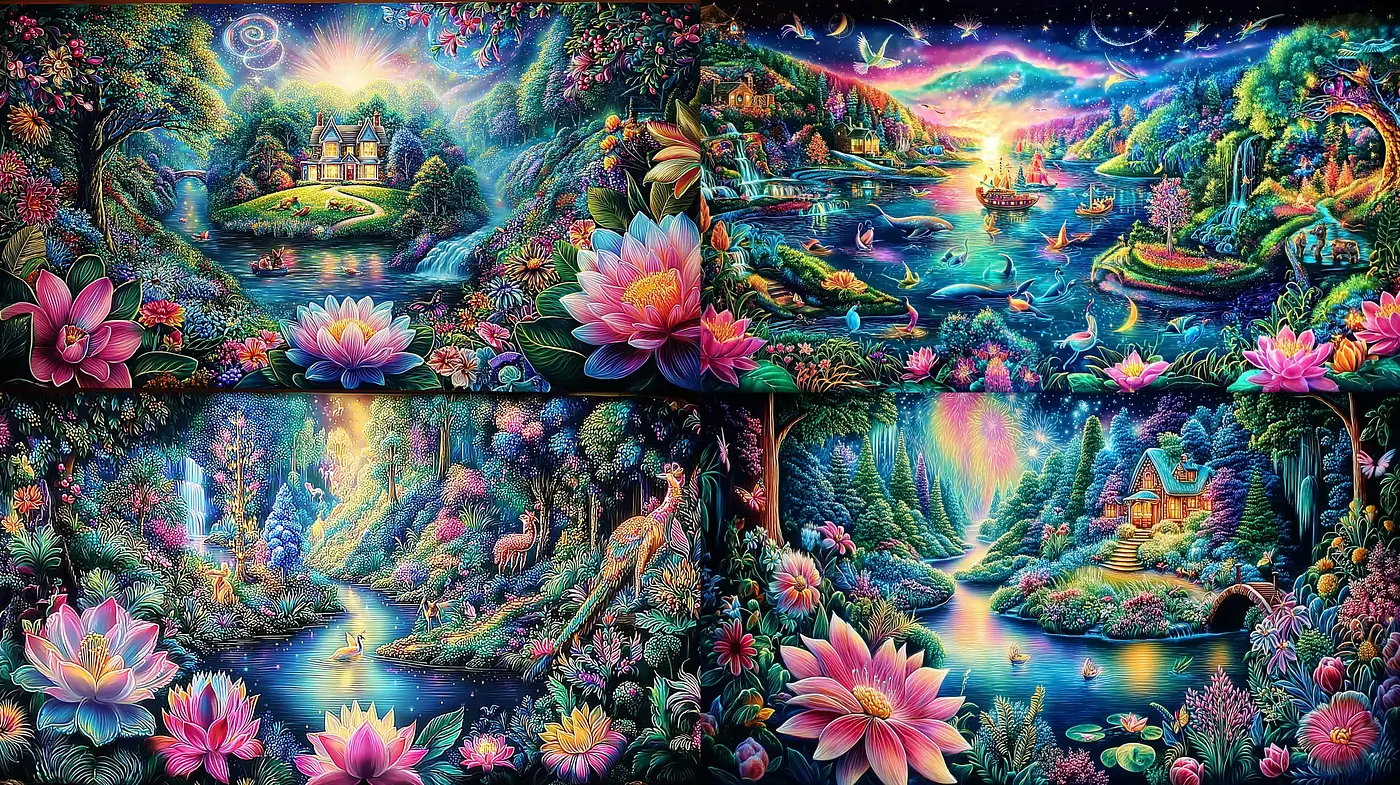 Vibrant and Dreamlike Nature Scenes with Surrealistic Elements - Midjourney sref style