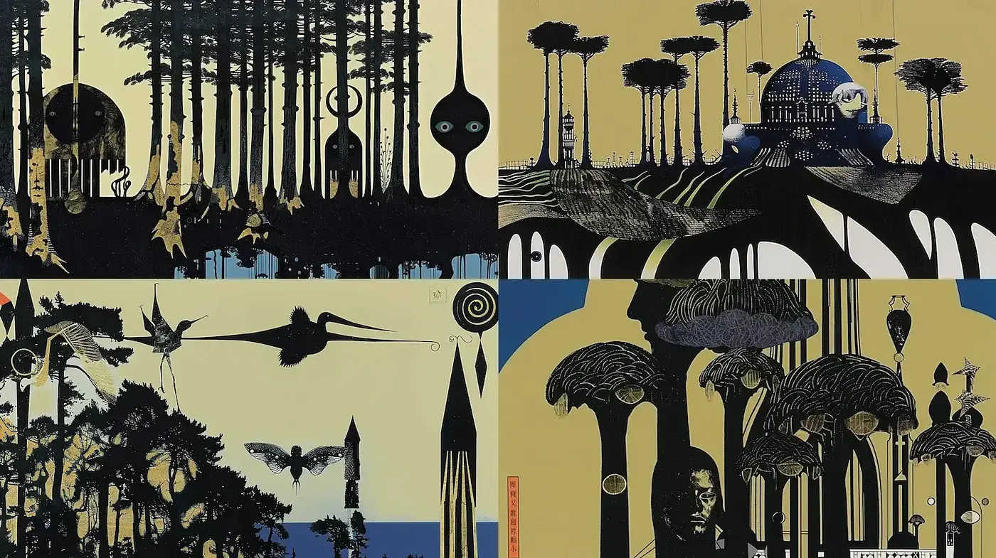 Distinctive Surrealistic Landscapes with Mystical Elements and Intricate Details - Midjourney sref style