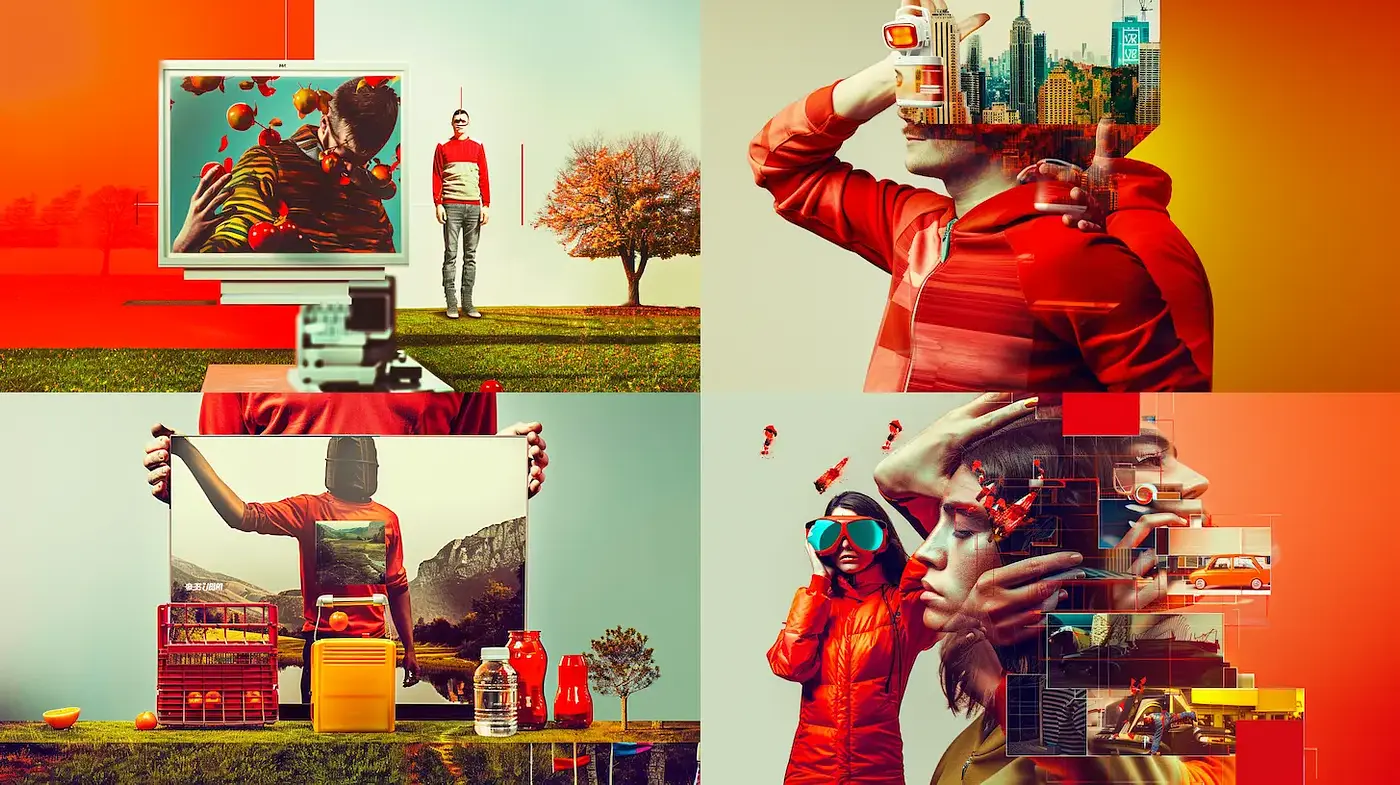 Vibrant and Surreal Digital Collage Art with Futuristic Elements - Midjourney sref style