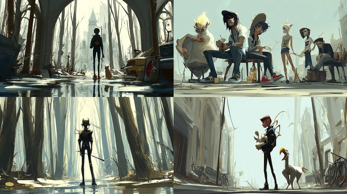 Stylized and Atmospheric Surrealism with Modern Character Design - Midjourney sref style