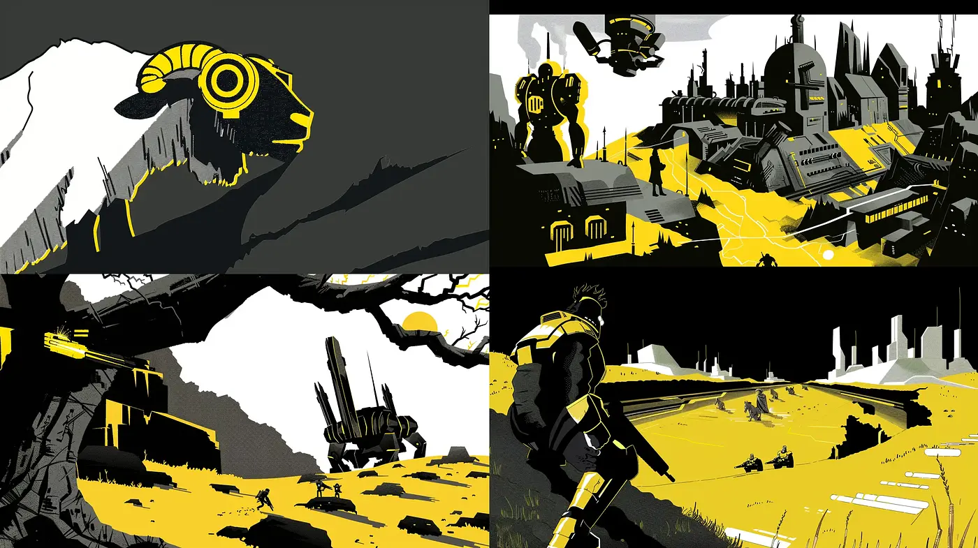 Stark Contrast and Dynamic Silhouettes in Monochrome and Yellow - Midjourney sref style