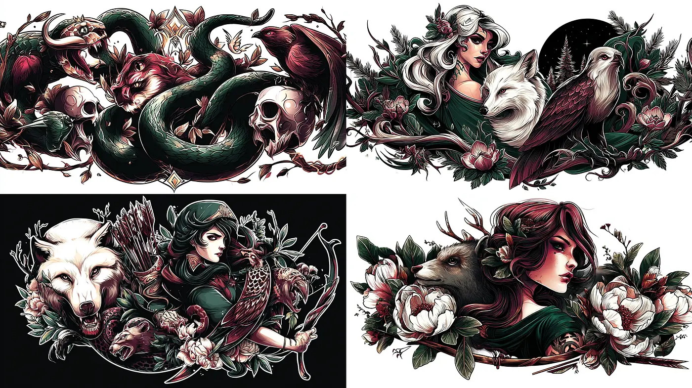 Dark Romanticism with Nature Elements and Whimsical Characters - Midjourney sref style