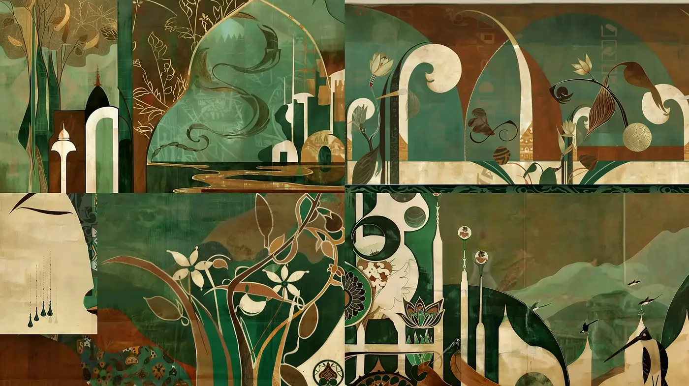 Whimsical Botanical Narrative in Stylized Art Nouveau Illustration - Midjourney sref style