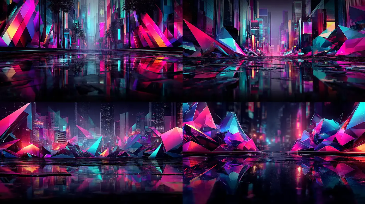Futuristic Urban Surrealism with Neon Geometric Elements - Midjourney sref style