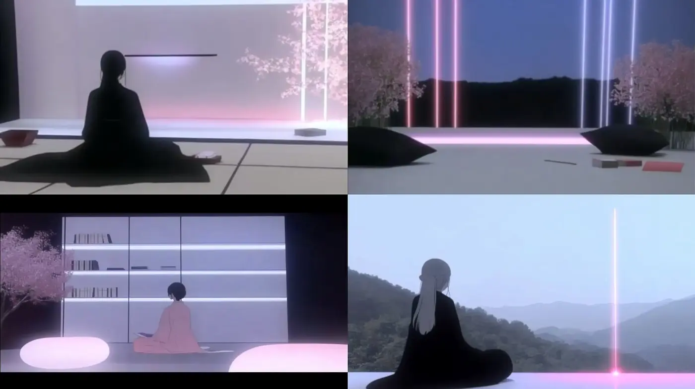 Serene Contemplation in Neon-Infused Minimalism - Midjourney sref style