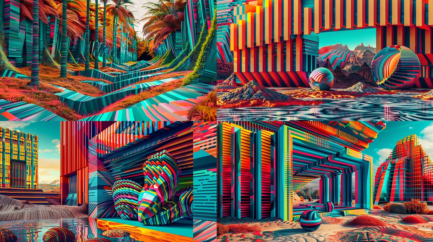 Surreal Geometric Dreamscape in Retro-Futuristic Color Splendor - Midjourney sref style