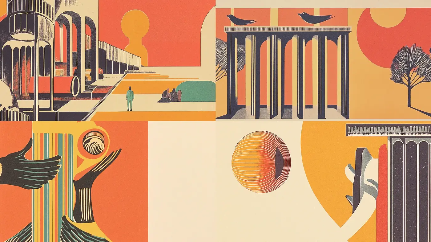 Retro Geometric Harmony: A Dance of Bold Shapes and Pastel Tones - Midjourney sref style