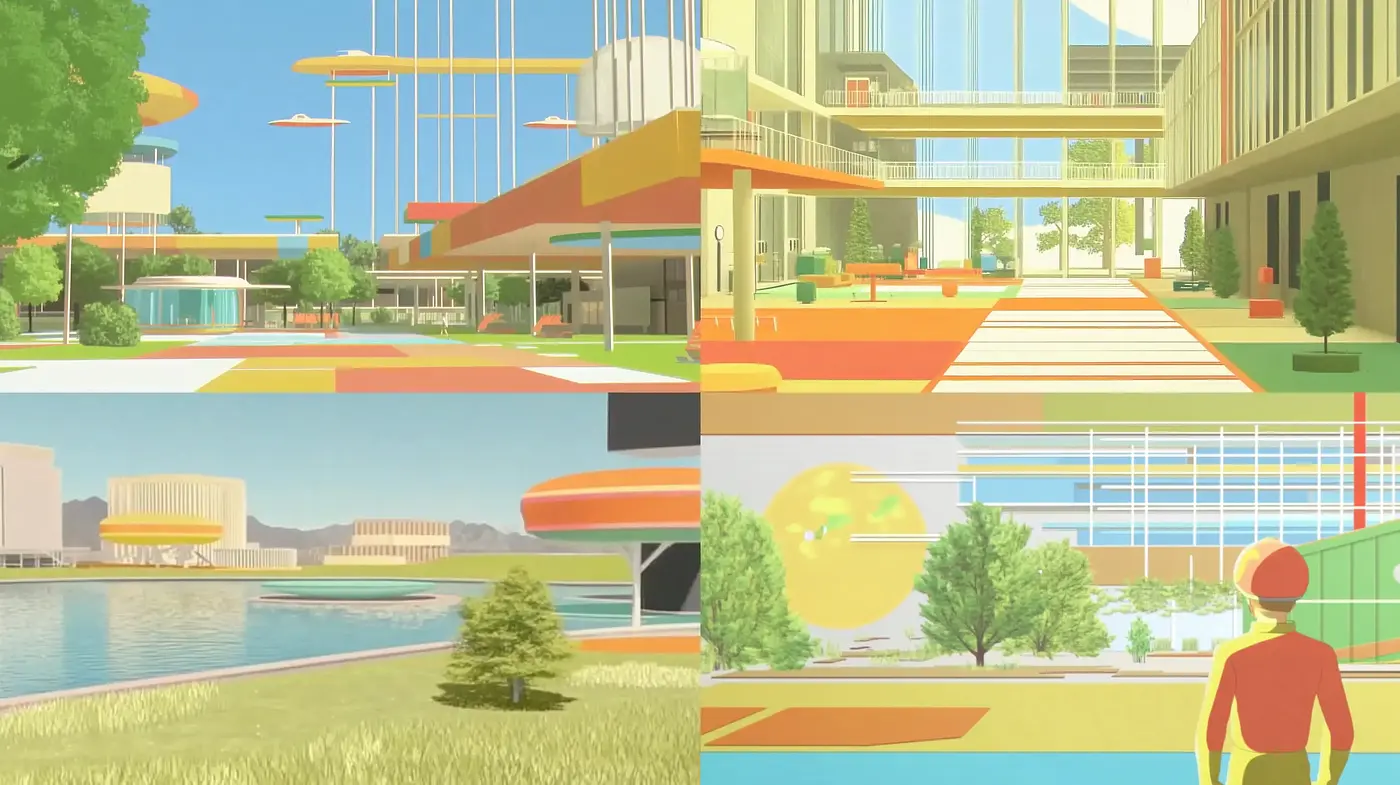 Sunny Mid-Century Modern Utopia: A Harmonious Fusion of Retrofuturism and Pastel Colors - Midjourney sref style