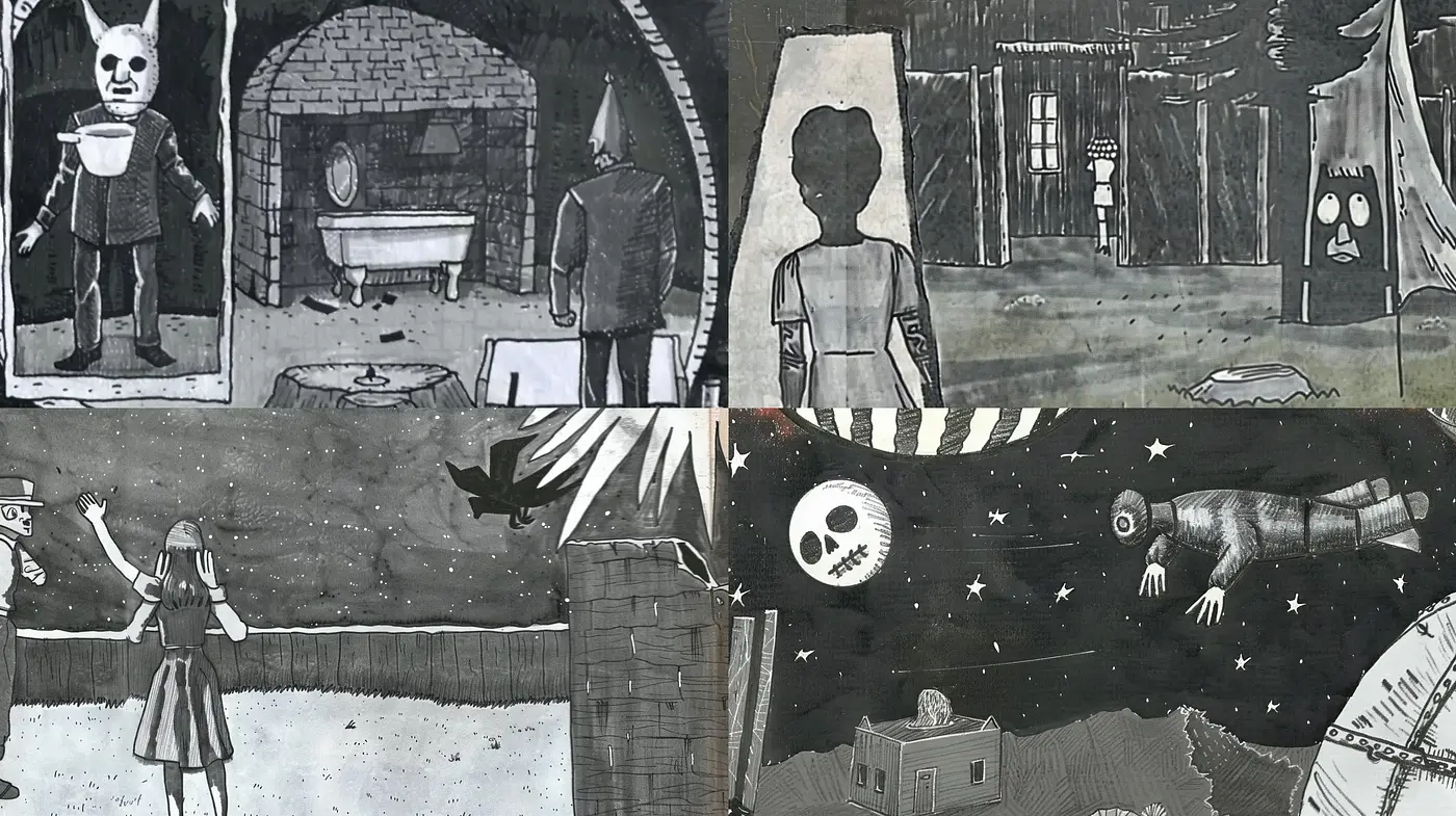 Haunting Monochrome Narratives: A Homage to Tim Burton's Gothic Fantasy - Midjourney sref style