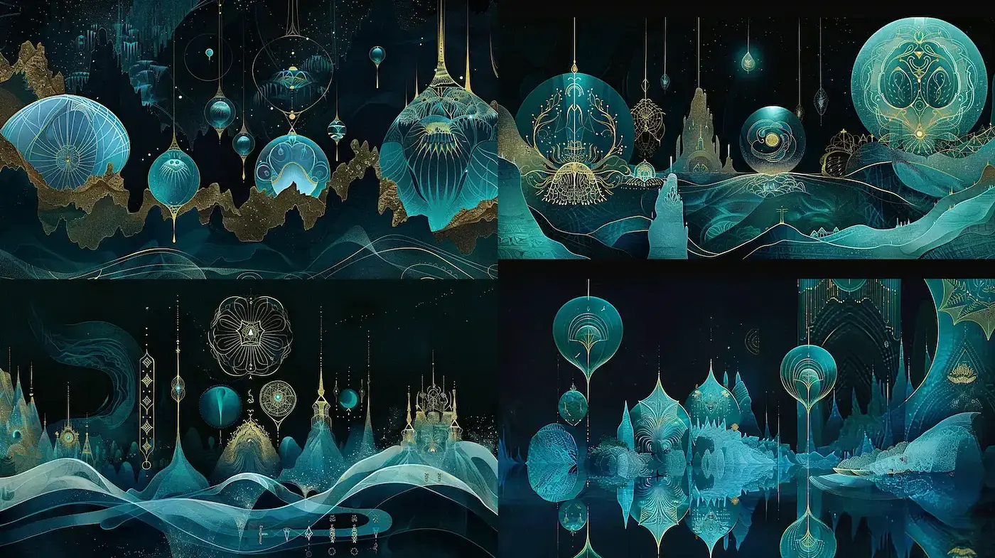 Ethereal and Enigmatic Underwater Landscape with Surreal Elements - Midjourney sref style
